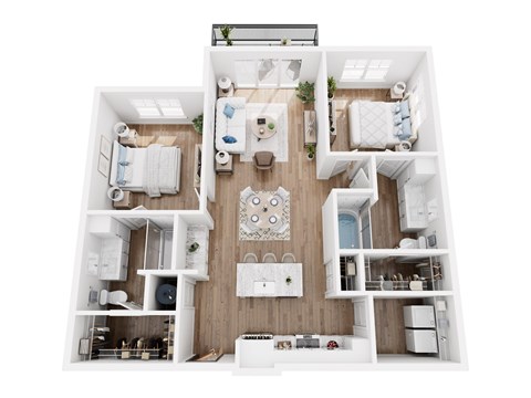 A top-down view of a modern apartment layout with a kitchen, living room, and bedrooms.
